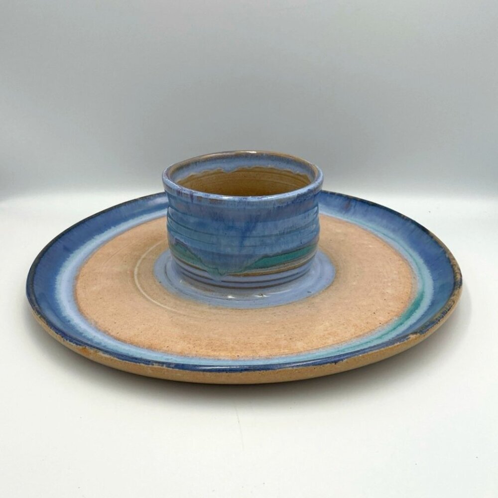 Vintage Alan Ward Pottery Chip & Dip Dish 1990 Blue‎ Green & Tan